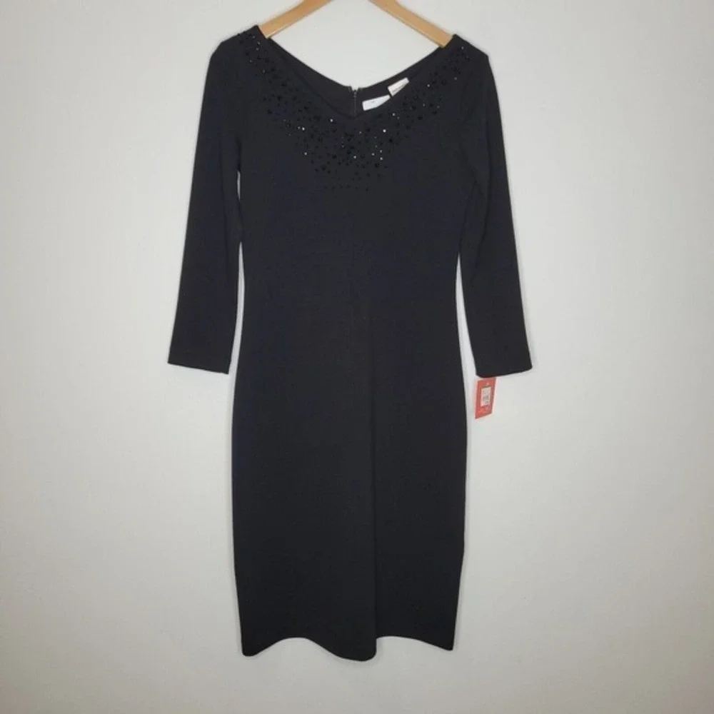 Isaac Mizrahi‎ Womens Midi Dress Jeweled Neckline Stretch Knit Black 4